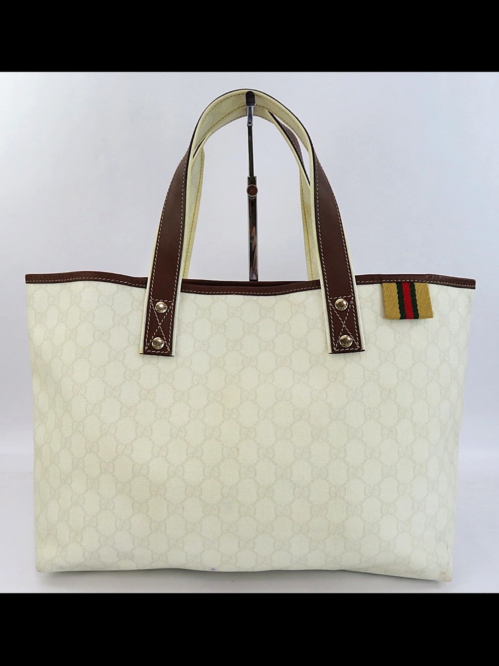Gucci Cream Monogram Tote with Brown Leather Handles and Web Detail